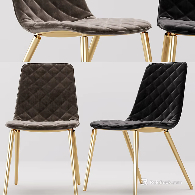 Modern Dark Gray And Black Dining Chairs With Diamond Quilted Velvet And Golden Metal Legs 3d model 