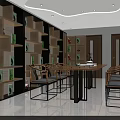 Modern Chinese Tea House Interior With Wooden Shelves Green Plants And Round Table Bamboo Chairs