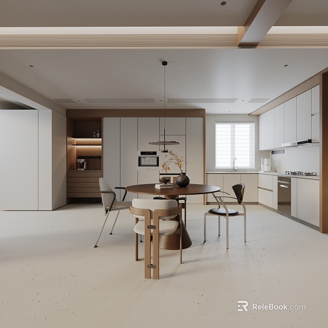 Modern Kitchen Interior With Round Dining Table Set And Pendant Lights Chairs 3d model 