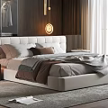 Modern Bedroom Interior With Large White Bed Dark Wood Wardrobe And Floor To Ceiling Window