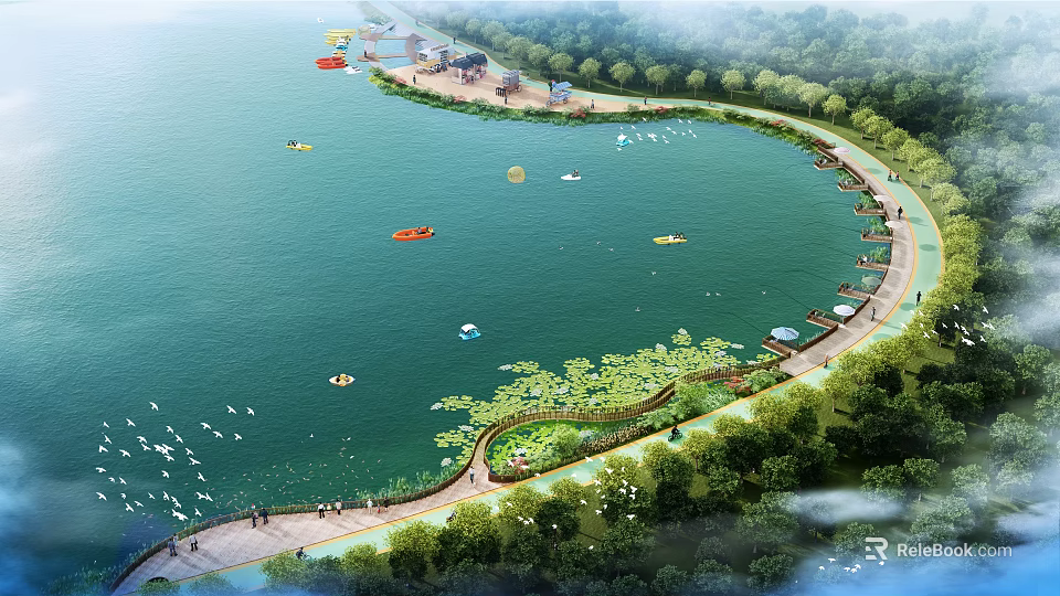 Scenic Lake View With Boats And Coastal Walkway Lined By Green Trees And People Walking 3d model 