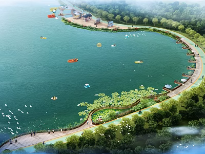 Scenic Lake View With Boats And Coastal Walkway Lined By Green Trees And People Walking 3d model