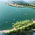 Scenic Lake View With Boats And Coastal Walkway Lined By Green Trees And People Walking