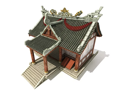 Cartoon Scene Featuring Traditional Chinese Ancient Architecture With Tile Roof Red Decorations And Wooden Pillars 3d model