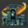 Magical Fantasy Architecture With Stone Blocks Archway Golden Koi Fish And Glowing Greenery