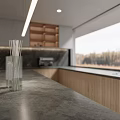 Modern Kitchen Interior Design With Island Counter Wooden Cabinets Large Window And Natural Forest View
