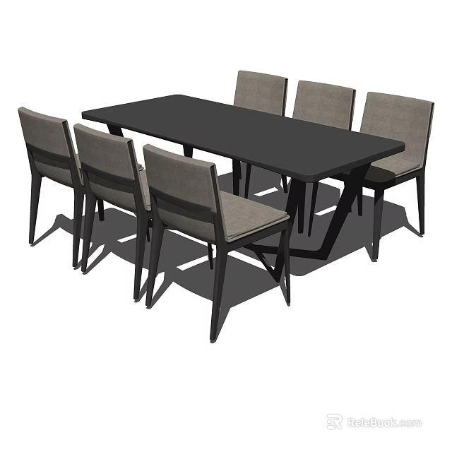 Modern Dining Table Set With Black Tabletop And Six Gray Chairs 3d model
