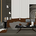 Modern Brown Sofa and Coffee Table Set With Decorative Pillows Throw Blanket and Artwork