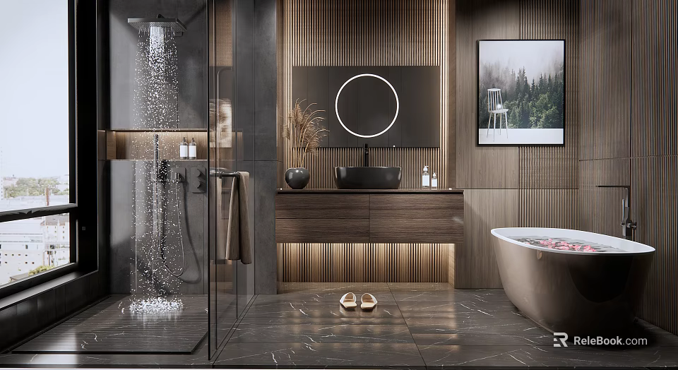 Modern Bathroom Interior Design With Shower Area Round Mirror Wooden Walls And Bathtub 3d model 