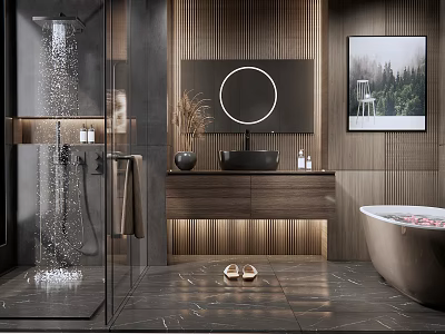 Modern Bathroom Interior Design With Shower Area Round Mirror Wooden Walls And Bathtub 3d model