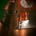 Bronze Robot Character With Red Eyes Mechanical Body And Rusty Metal Parts
