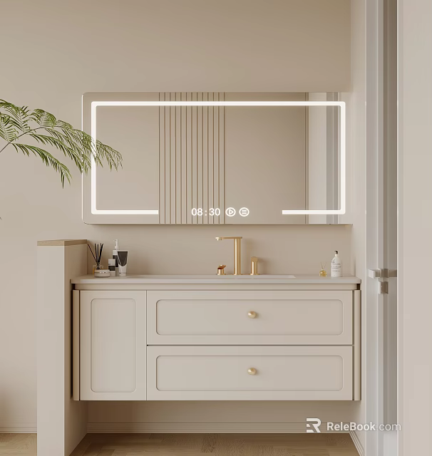 Modern Bathroom Vanity With Lighted Mirror Golden Faucet Palm Leaf And Drawer Cabinet 3d model 