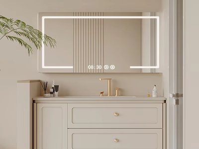 Modern Bathroom Vanity With Lighted Mirror Golden Faucet Palm Leaf And Drawer Cabinet 3d model