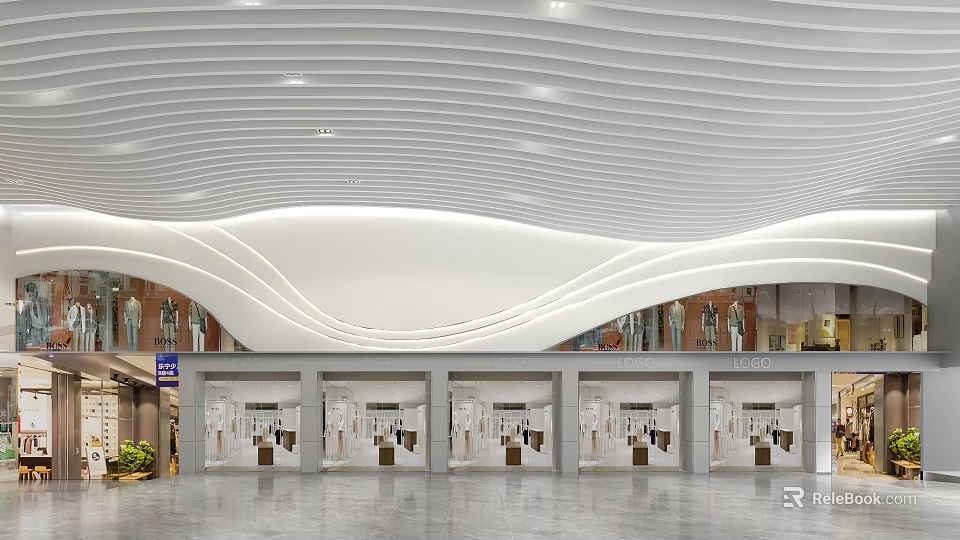 Modern Commercial Mall Interior With Wavy White Ceiling And Glass Storefronts 3d model 