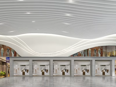 Modern Commercial Mall Interior With Wavy White Ceiling And Glass Storefronts 3d model