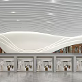 Modern Commercial Mall Interior With Wavy White Ceiling And Glass Storefronts