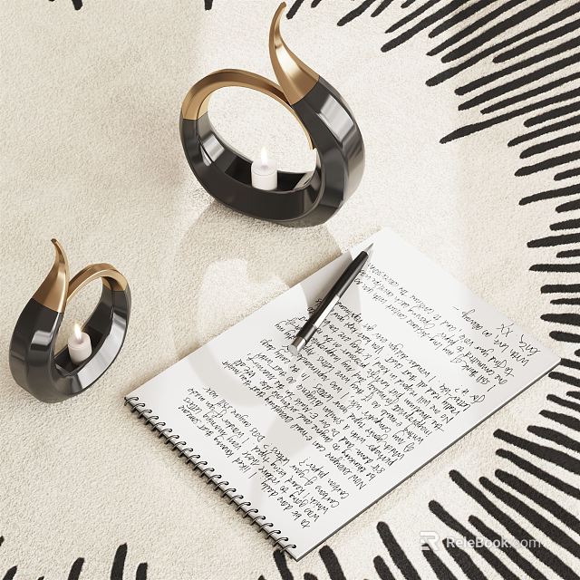 Modern Decorative Ornament Set With Metal Rings Marble Base Notebook And Pen 3d model 