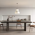 Modern Dining Table Set with Dark Wooden Top and Wooden Chairs Pendant Light Decorative Vases