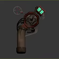 Red Sci Fi Gun With Green Glowing Sights And Brown Grip Mechanical Design