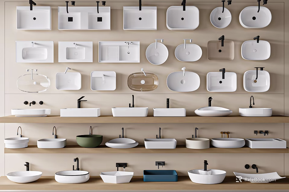 Various Stylish Washbasins In Different Shapes And Designs On Display Shelves 3d model 