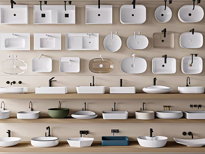 Various Stylish Washbasins In Different Shapes And Designs On Display Shelves 3d model