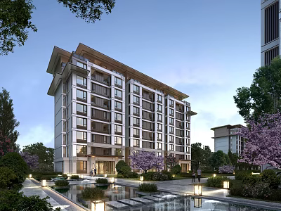 Modern Multi storey Residential Building With Chinese style Roof And Landscaped Greenery Water Features 3d model
