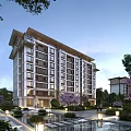 Modern Multi storey Residential Building With Chinese style Roof And Landscaped Greenery Water Features
