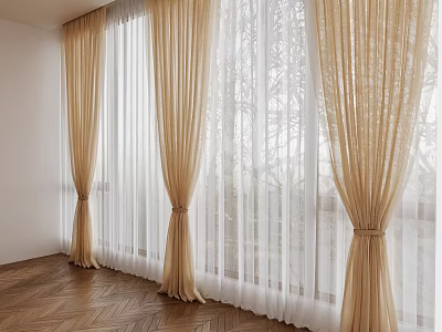 Beige Curtains With White Sheer Panels For Large Window With Tree Shadows And Wooden Floor 3d model
