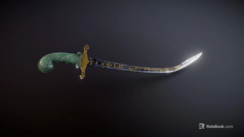 Antique Scimitar Weapon With Green Handle Gold Accents And Ornate Carvings 3d model 