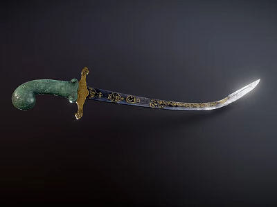 Antique Scimitar Weapon With Green Handle Gold Accents And Ornate Carvings 3d model