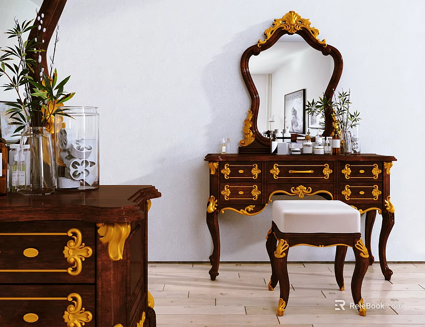 Elegant Vintage Wooden Dressing Table With Gold Accents Mirror Stool And Drawers 3d model 