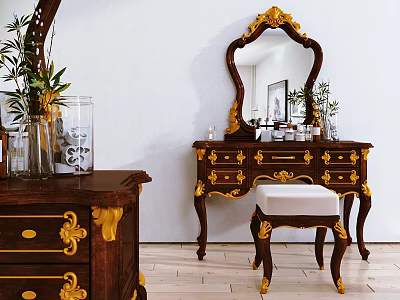 Elegant Vintage Wooden Dressing Table With Gold Accents Mirror Stool And Drawers 3d model