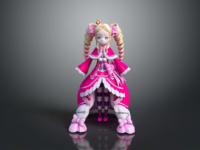Cute Blonde Game Movie Character With Twin Braids In Pink Lace Dress 3d model