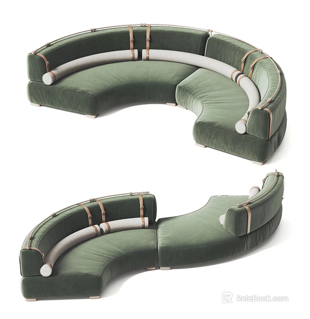 Modern Green Velvet Sectional Sofa With Curved Design And Leather Straps 3d model 