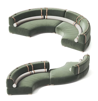 Modern Green Velvet Sectional Sofa With Curved Design And Leather Straps 3d model
