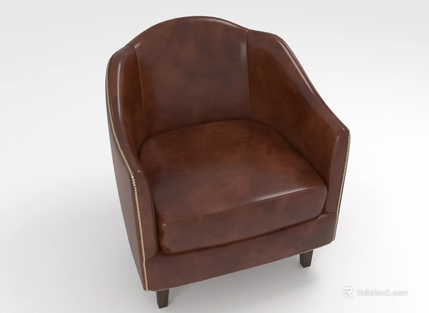 Classic Brown Leather Armchair With Stitching Detail And Wooden Legs 3d model 