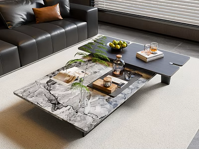 Modern Coffee Table With Marble Surface Fruits Books And Decorative Items In Living Room 3d model