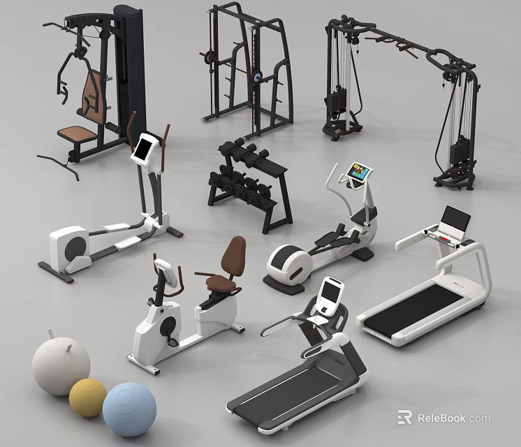 Various Fitness Equipment Collection With Treadmill Exercise Bike Dumbbells And Fitness Balls 3d model 