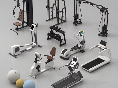 Various Fitness Equipment Collection With Treadmill Exercise Bike Dumbbells And Fitness Balls 3d model