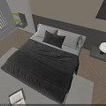 Modern Double Bed With Gray Textured Bedding LED Light Headboard And Wooden Floor