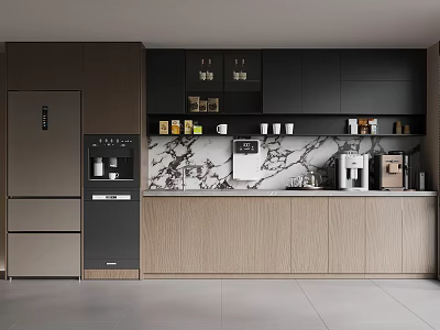 Elegant Modern Kitchen Interior With Dark Cabinets Marble Countertop And Coffee Appliances 3d model