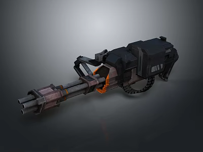 Futuristic Heavy Machine Gun With Multiple Barrels Mechanical Design And Orange Details 3d model