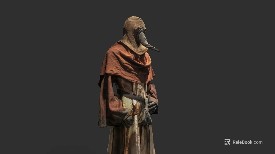 Hooded Game Movie Character With Plague Doctor Mask Brown Robe And Red Cape 3d model 