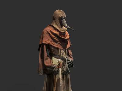 Hooded Game Movie Character With Plague Doctor Mask Brown Robe And Red Cape 3d model