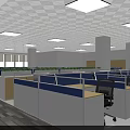 Modern Public Office Area With Open Cubicles Blue White Partitions Green Plants And Ceiling Lights