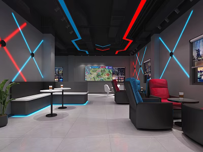 Modern Milk Tea Shop Interior With Red Blue Lighting Sofa Seats And Green Plants 3d model