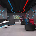 Modern Milk Tea Shop Interior With Red Blue Lighting Sofa Seats And Green Plants