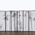 Chinese Style Folding Screen With Bamboo And Lotus Patterns On White Panels 3d model