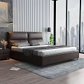 Modern Double Bed With Leather Headboard And City View Through Floor To Ceiling Windows 3d model