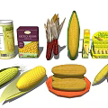Fresh Corn with Leaves Cobs Kernels and Canned Corn Vegetables 3d model